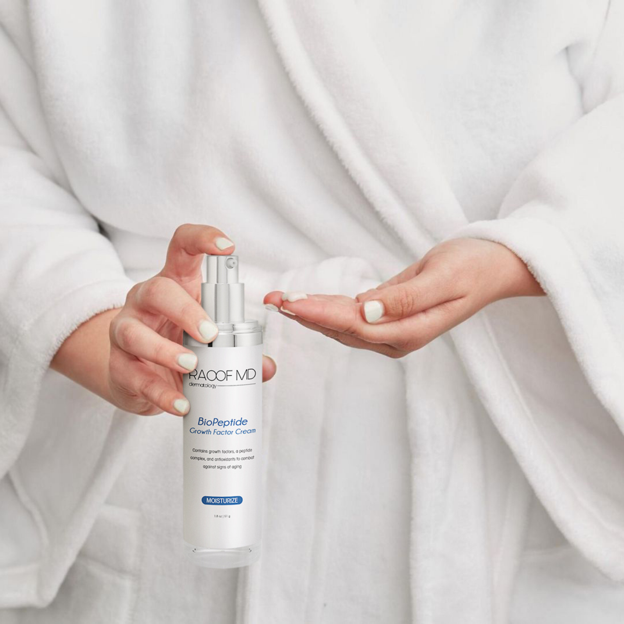 Woman in White Robe Holding BioPeptide Growth Factor Cream by RAOOF MD dermatology 